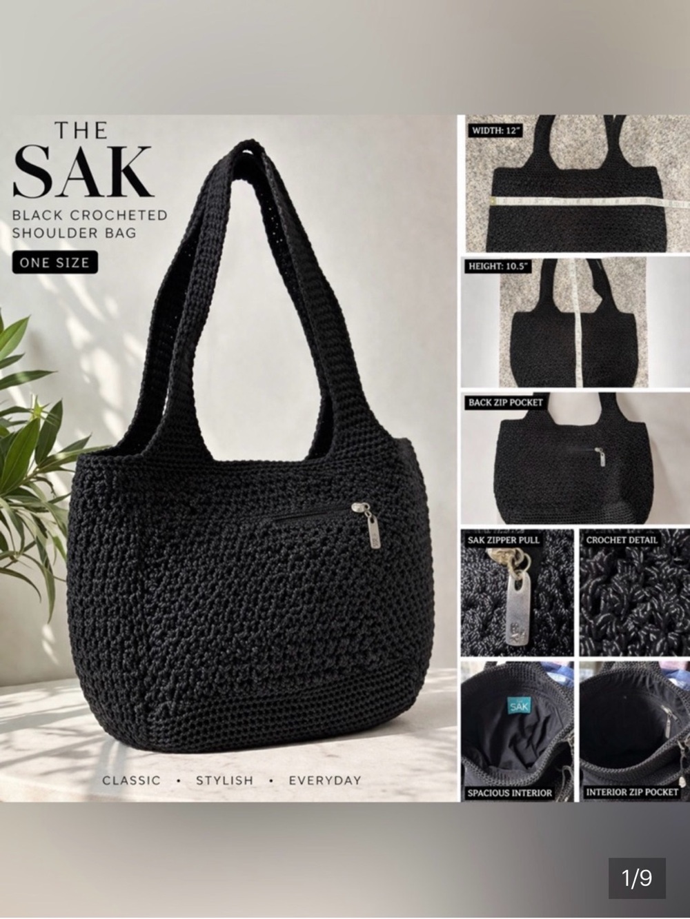 The Sak Black Crochet Shoulder Bag Boho Knit Tote Slouchy Lightweight Everyday